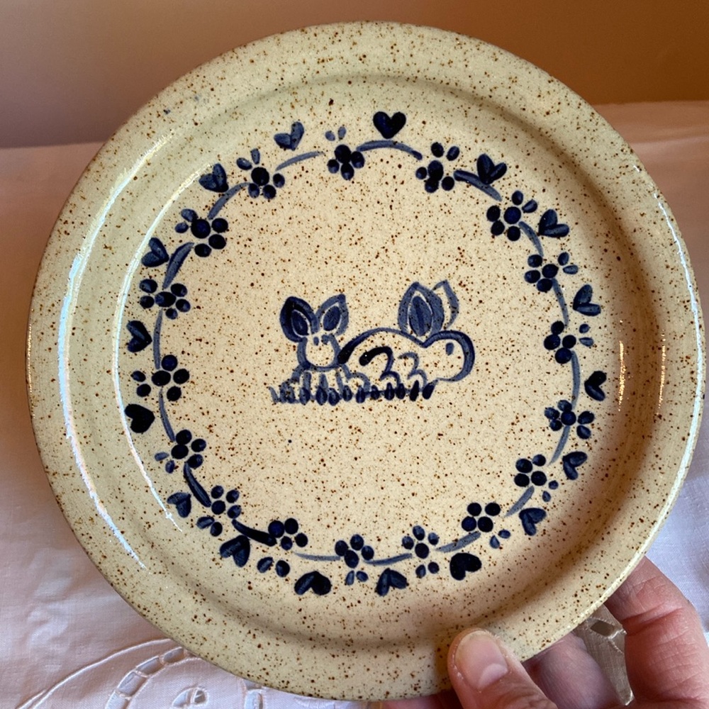 Vintage Three Rivers Pottery Plate 1992 Signed Hand painted Rabbits Floral